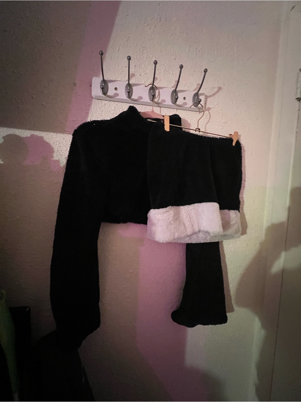 Black Faux Fur Two-Piece Set with White Cuff